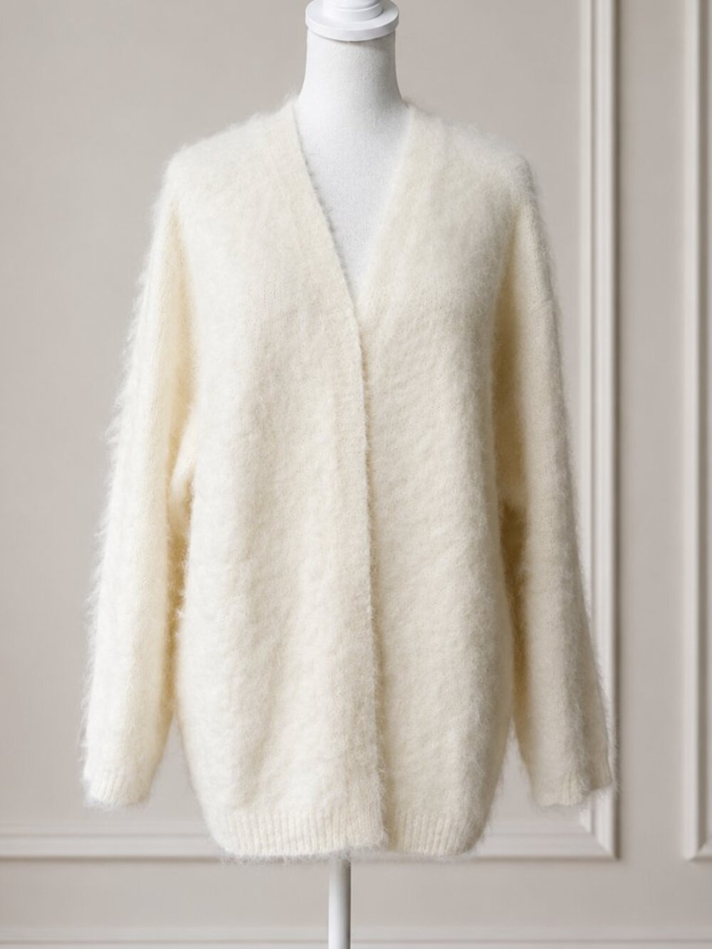Ivory Fuzzy Wool Blend Open Front Cardigan XL Oversized Long Sweater